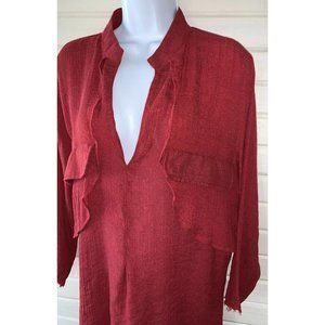 Gaya Style Gauzy Tunic Sz SMALL/MEDIUM  Uneven Raw Hemline Burgundy Red Flowy